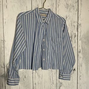 Everlane Cropped  Button Up White Stripe Blue Long Sleeve Shirt Sz M EUC